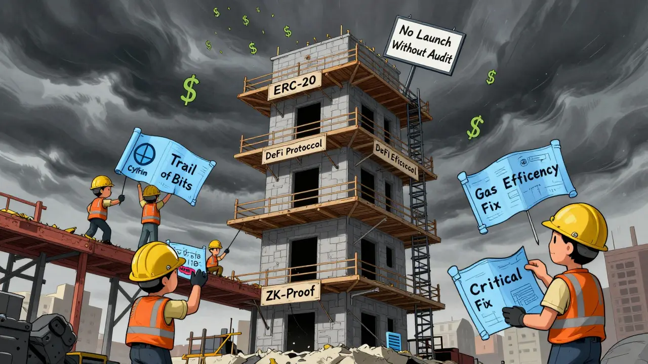 A blockchain tower under construction with audit teams inspecting safety features before launch.