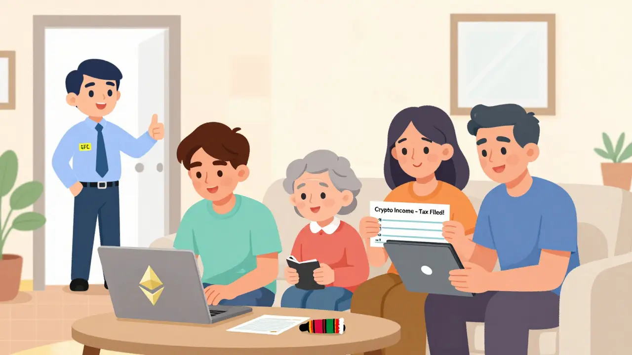 A Colombian family managing crypto and taxes at home with a friendly regulator giving a thumbs-up.