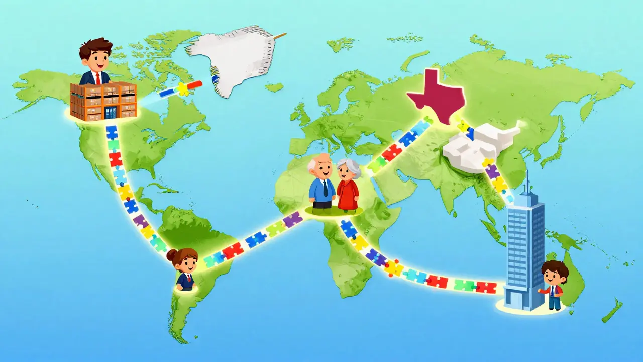 A global map connects investors from Berlin, Texas, and Chicago to properties in Singapore, Florida, and New York via glowing blockchain links.