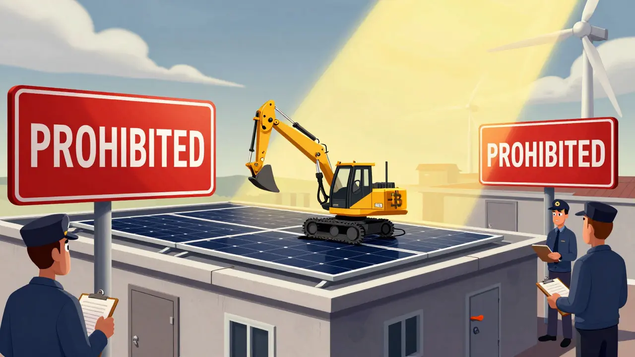 A lone solar-powered mining rig surrounded by prohibition signs and skeptical inspectors in Kosovo.