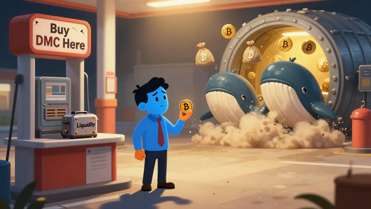 A lonely investor at a deserted gas station holding a DMC token while whales trade big crypto.