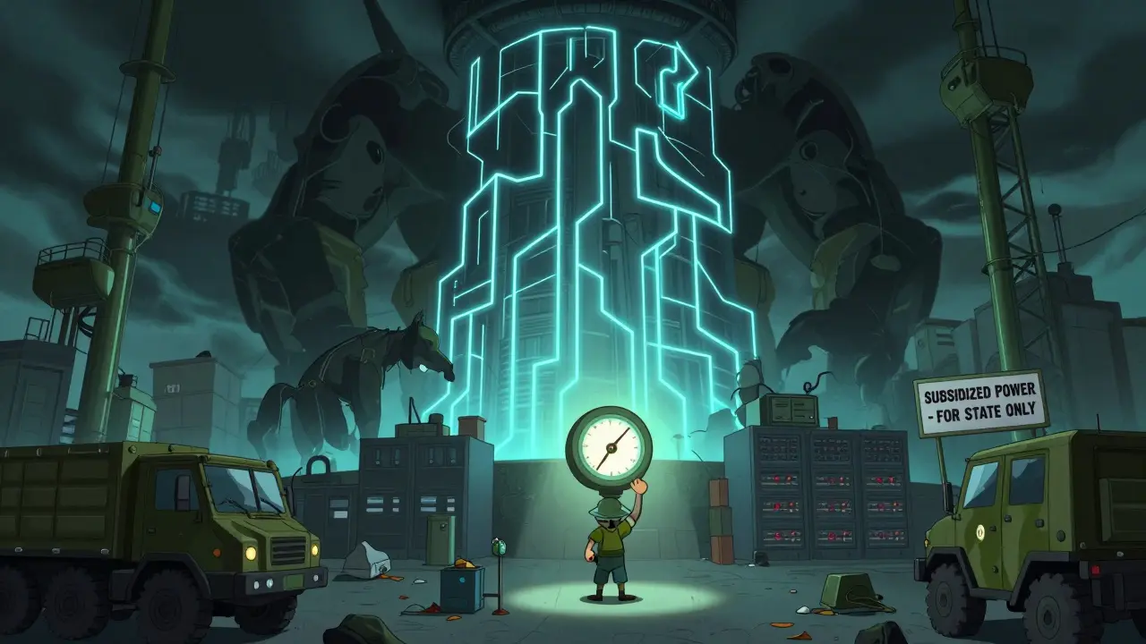 A massive IRGC mining facility towers over a tiny legal miner, with subsidized power signs and Chinese servers.