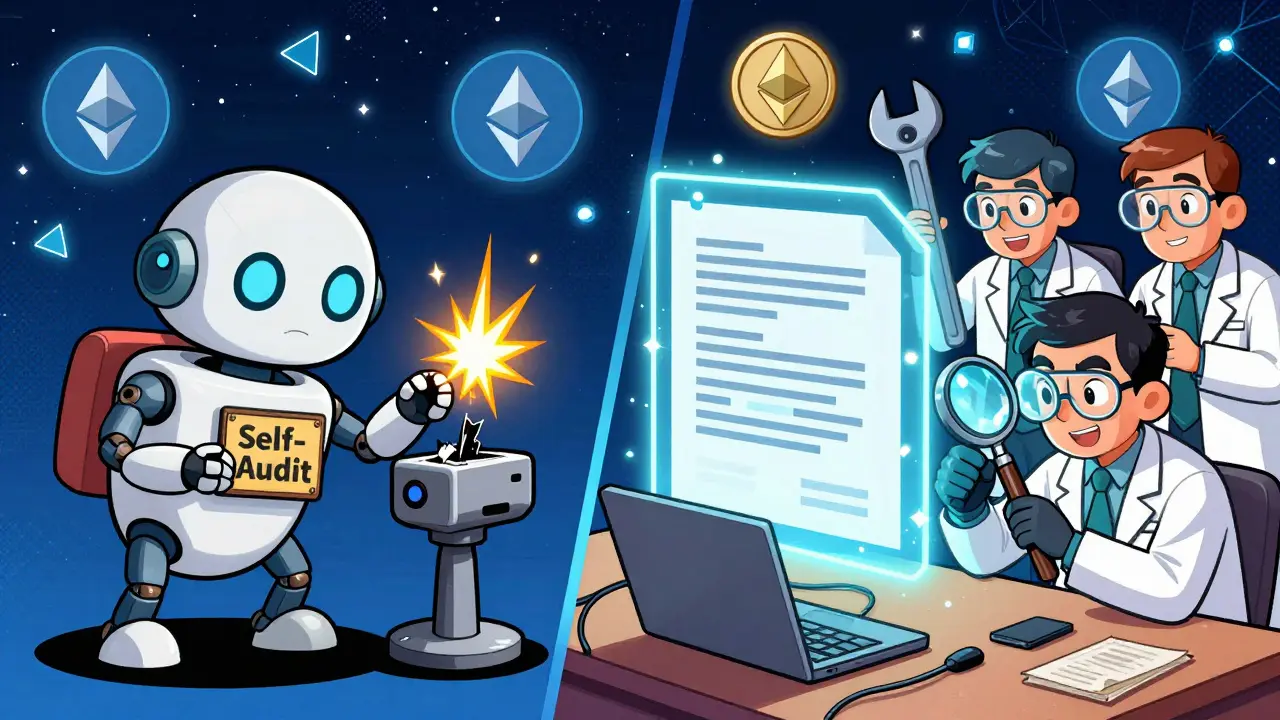 A robot failing to audit code vs. expert auditors fixing vulnerabilities in a glowing blockchain environment.