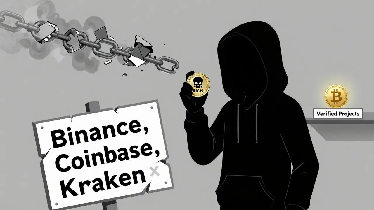 A shadowy figure holds a skull-labeled token next to broken exchange signs, while a real BTC coin shines far away.