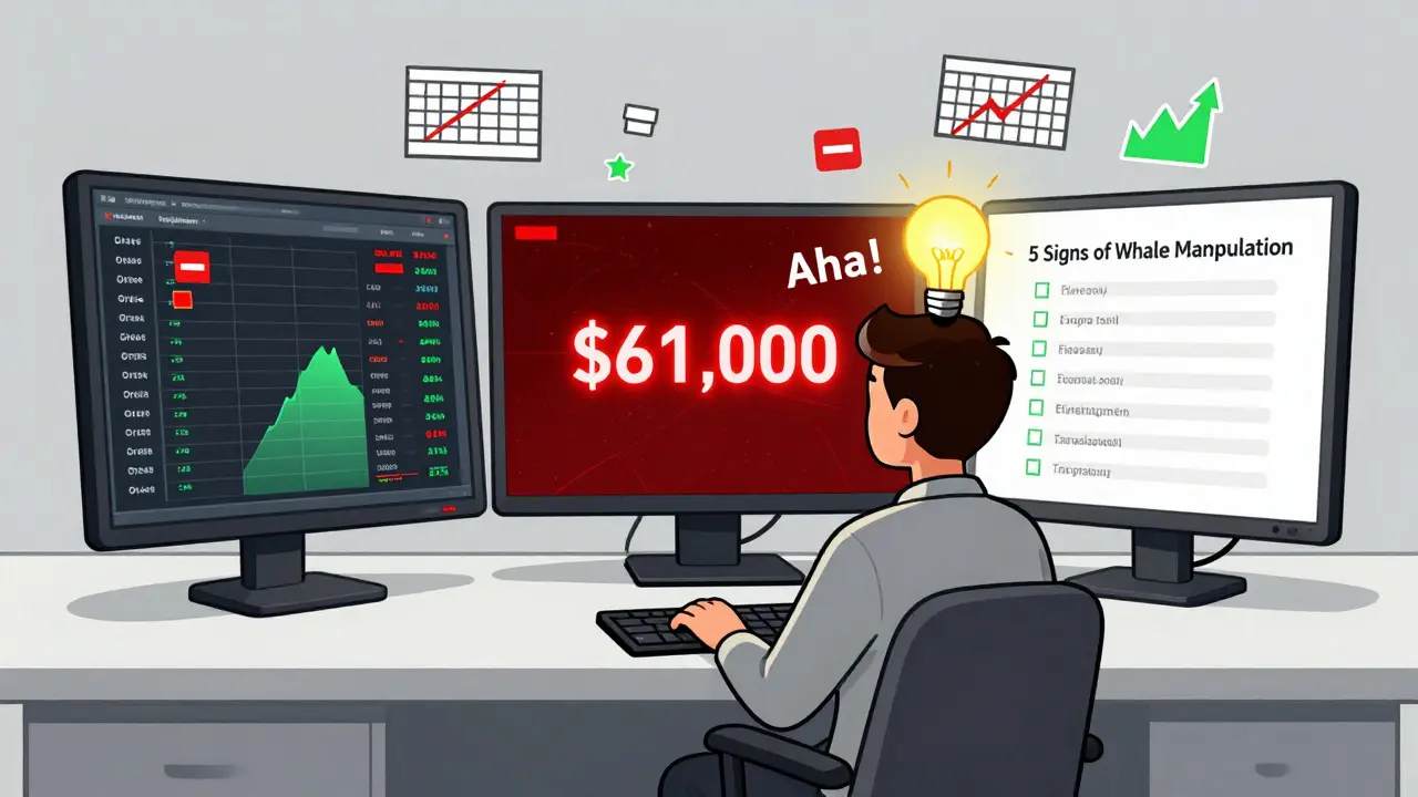 A trader analyzes order books and liquidation maps, spotting whale manipulation patterns with a lightbulb moment above their head.