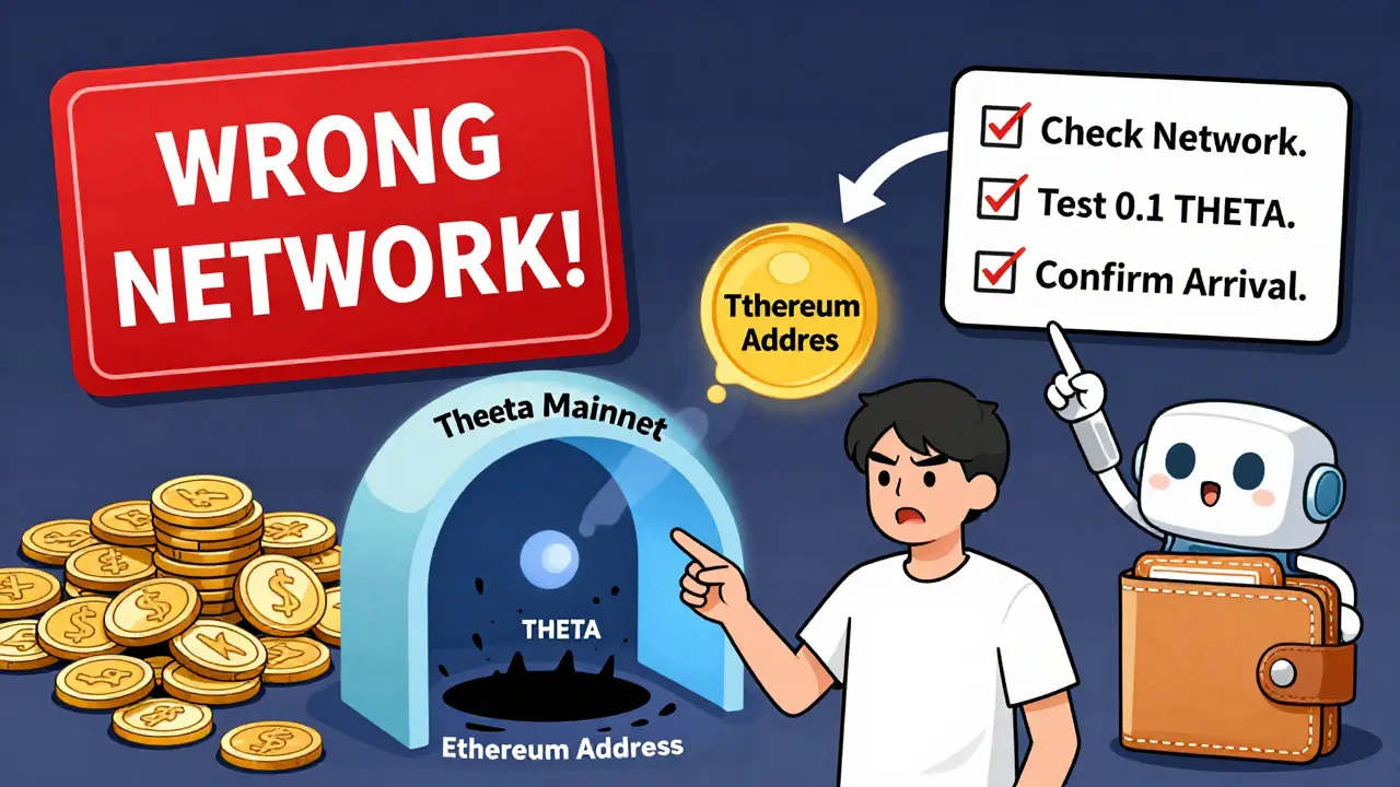 A user sending THETA to the wrong network as coins vanish into a black hole, while a wallet robot guides them to the correct Theta Mainnet path.