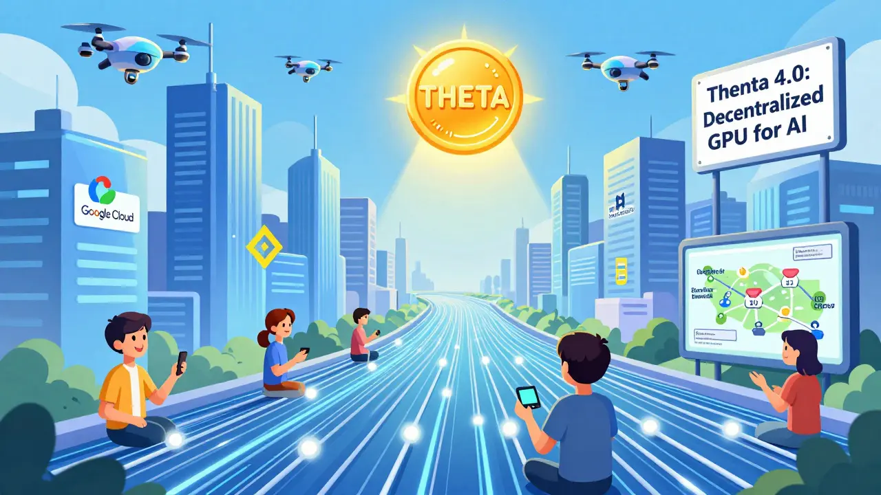 A vibrant cartoon city powered by Theta Network, with users sharing bandwidth and AI drones working under a glowing THETA token sun.