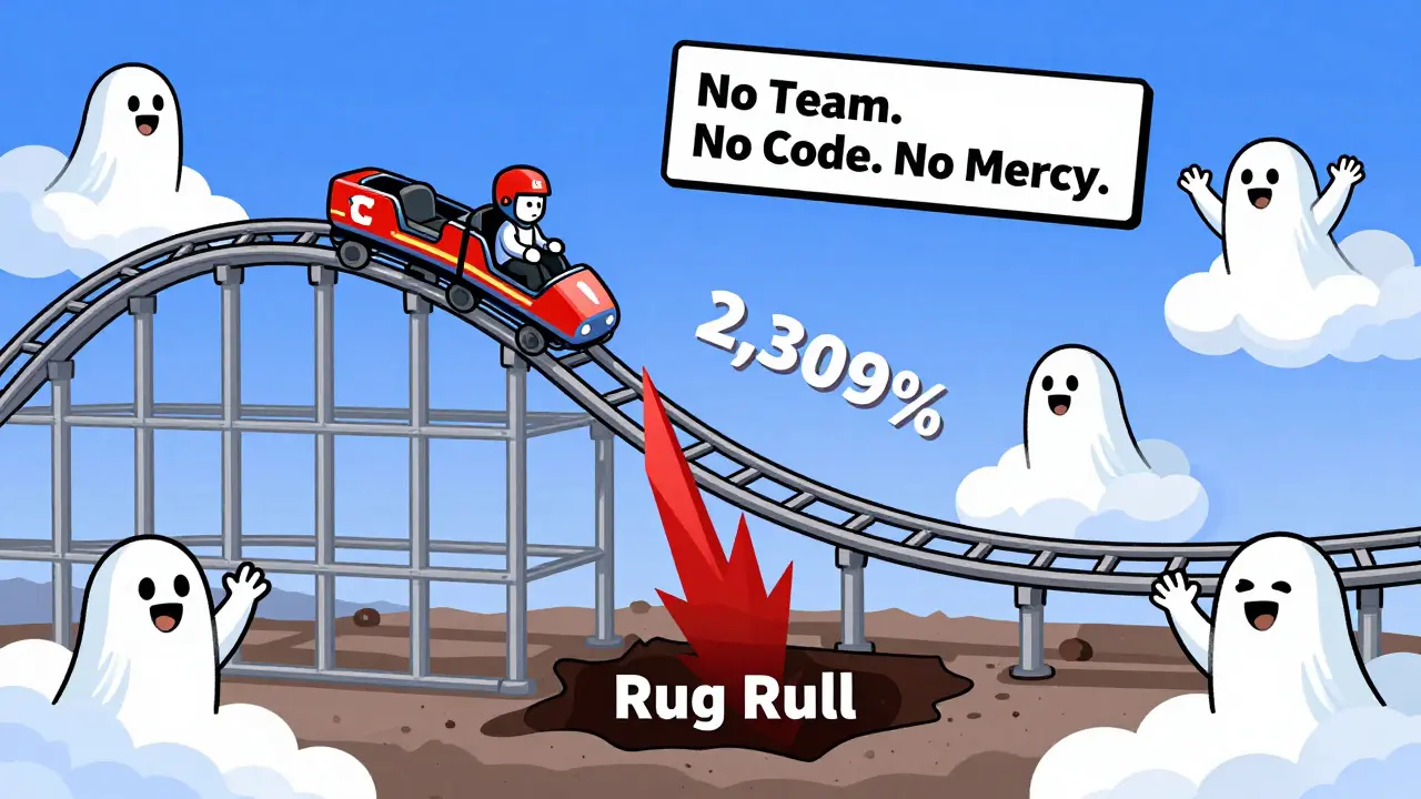 A wild crypto rollercoaster with LC SHIB riding it to a crash labeled 'Rug Pull'.