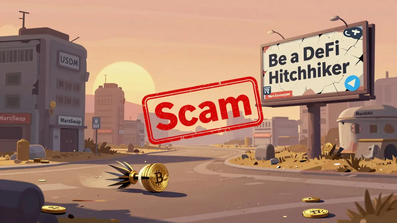 Abandoned digital town with crumbling DeFi buildings under a dusty sunset.