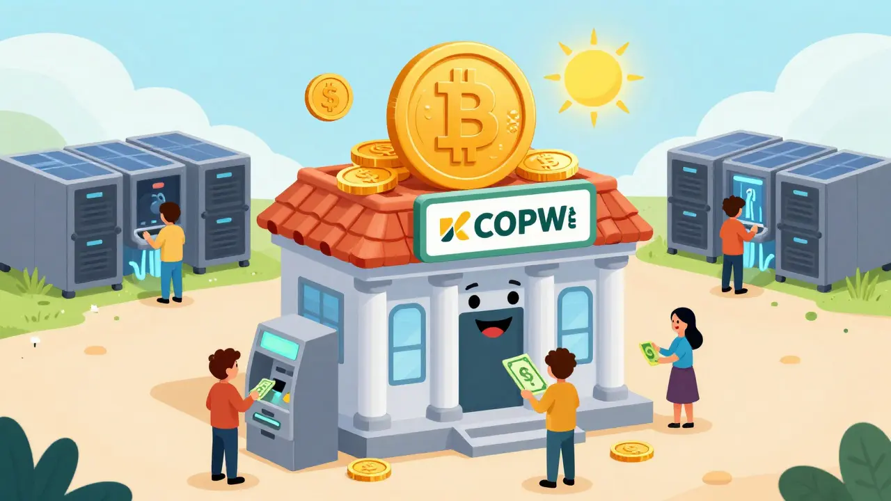 Bancolombia's Wenia platform as a cheerful bank building with crypto coins and a peso-backed stablecoin sun.