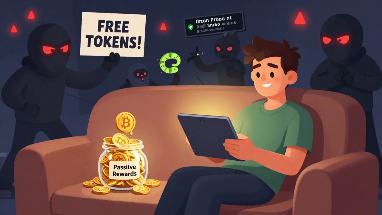 Calm holder earns BNB slowly while scam artists try to sell fake airdrops in the background.