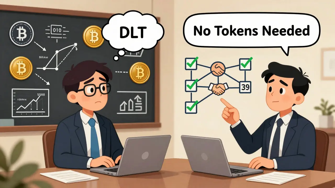 Cartoon business meeting showing confusion over crypto tokens versus simple DLT system