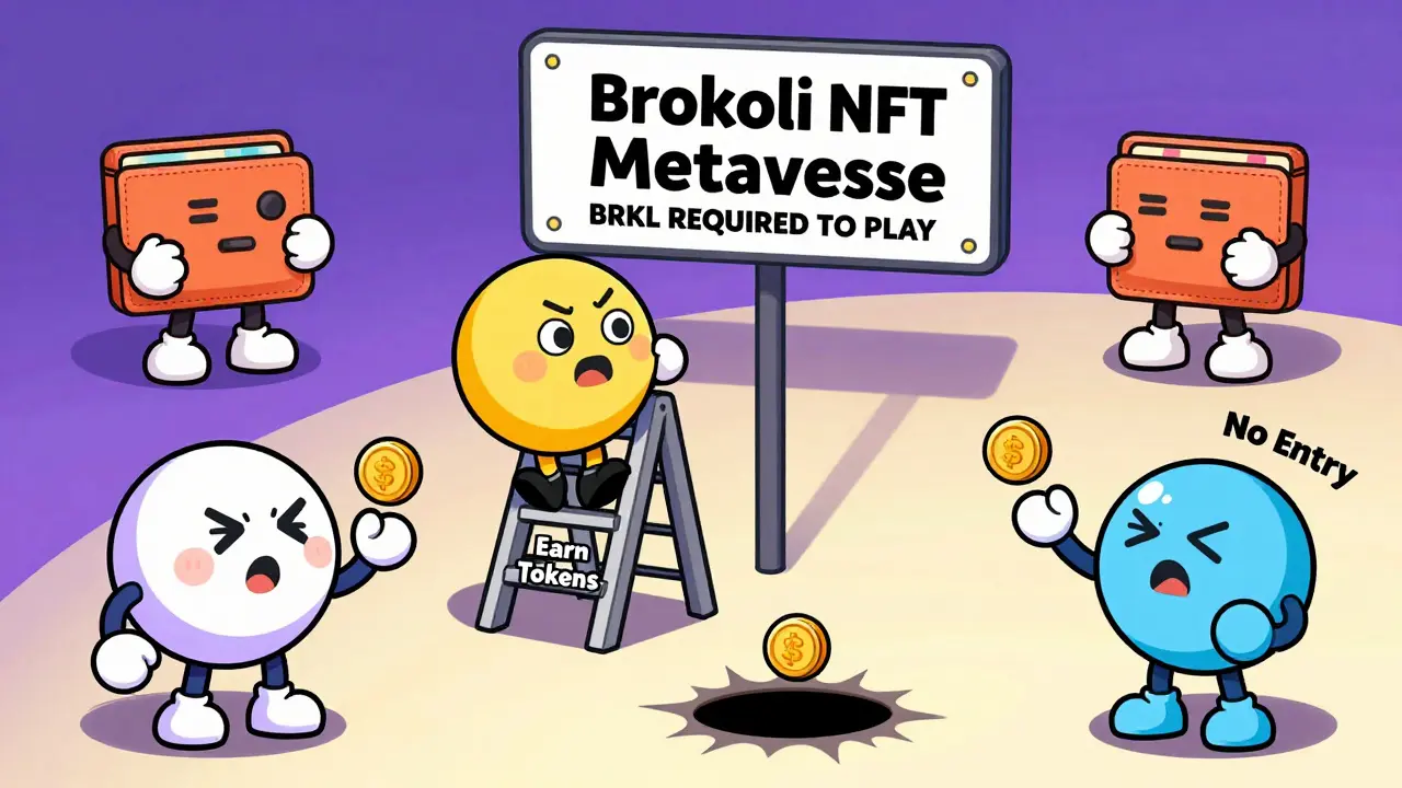 Cartoon characters trapped in a loop, unable to enter a game without BRKL tokens.