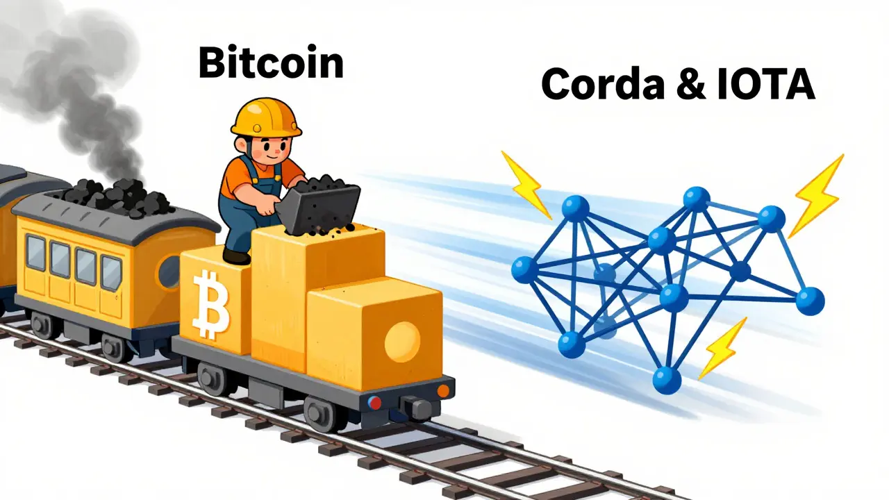 Cartoon comparing slow blockchain train with fast DAG network using visual metaphors