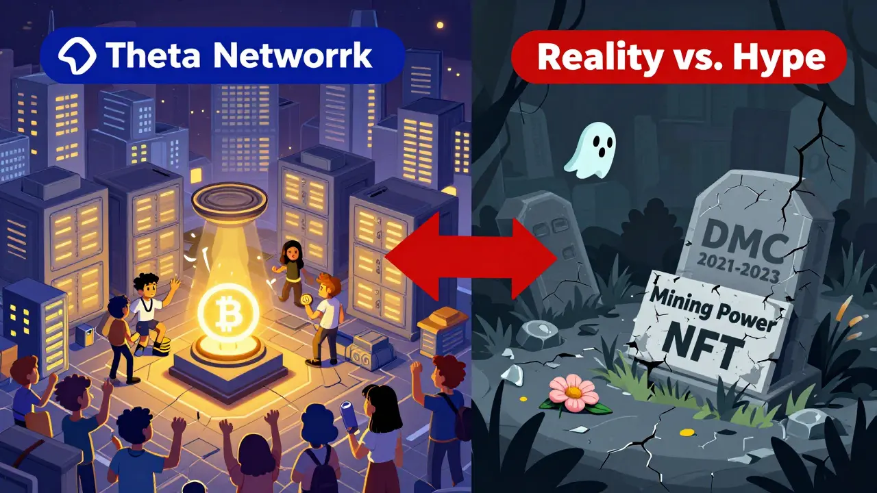 Cartoon comparison: vibrant crypto city vs. a graveyard for the dead DMC token.