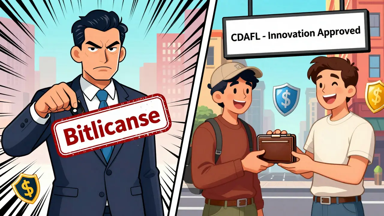 Cartoon contrast between strict New York crypto rules and friendly California rules.