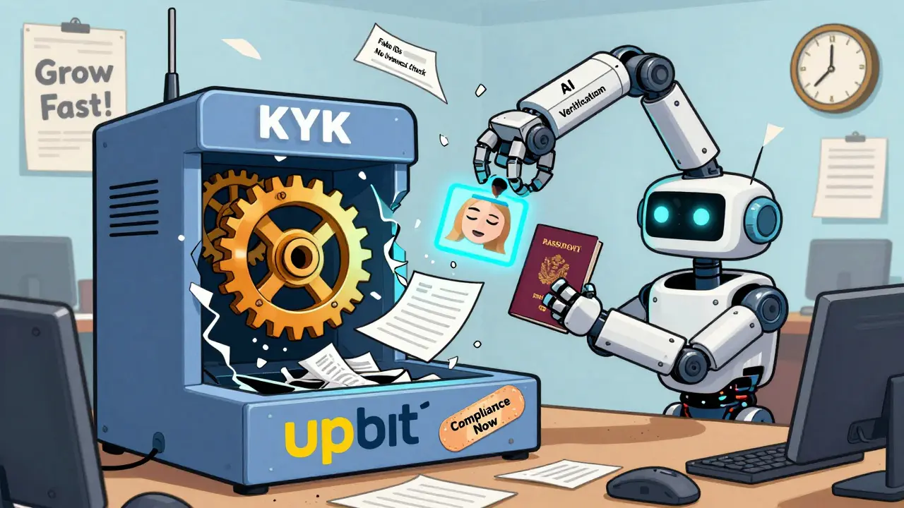 Cartoon of a broken KYC machine being fixed by an AI robot, with fake IDs flying out and a new compliance system being built.