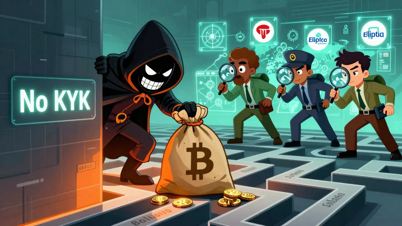 Cartoon villain trying to escape through blockchain bridges as international detectives track him with maps and tools.