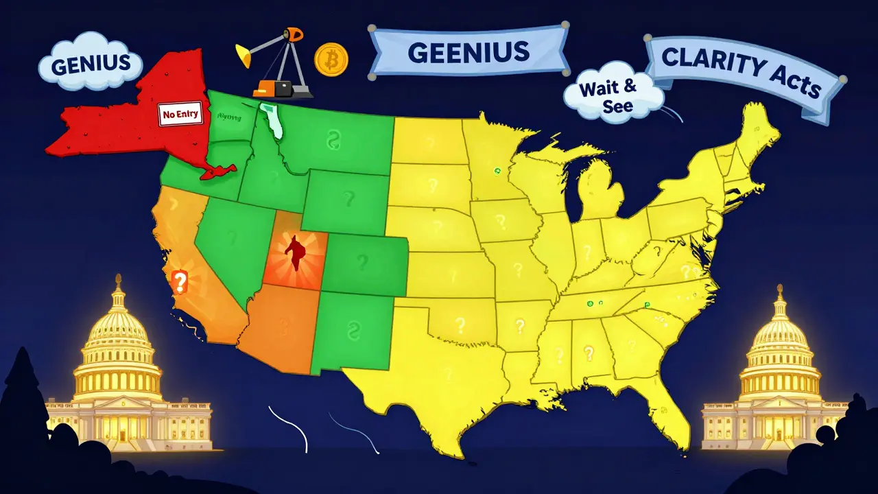 Colorful cartoon U.S. map showing states&#039; different crypto regulations in 2025.