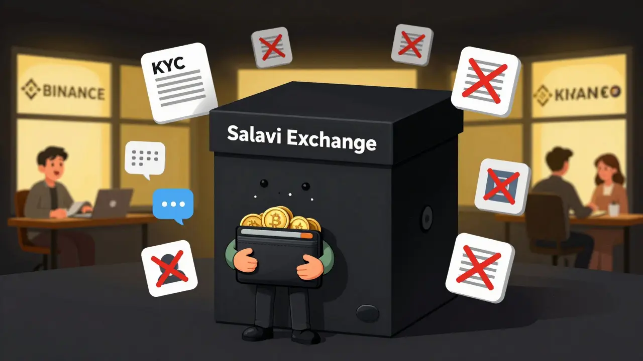 Confused user facing a black box labeled Salavi Exchange, with crossed-out crypto requirements around them.