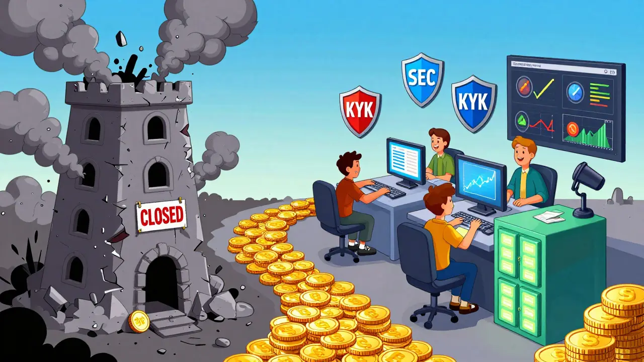 Contrasting cartoon: crumbling scam exchange vs. bright, secure legitimate crypto platform.