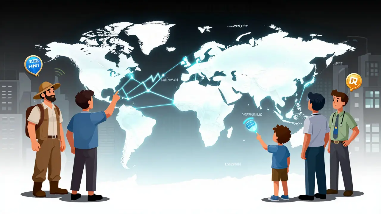 Diverse people interacting with a global Helium IOT network map in cartoon style.