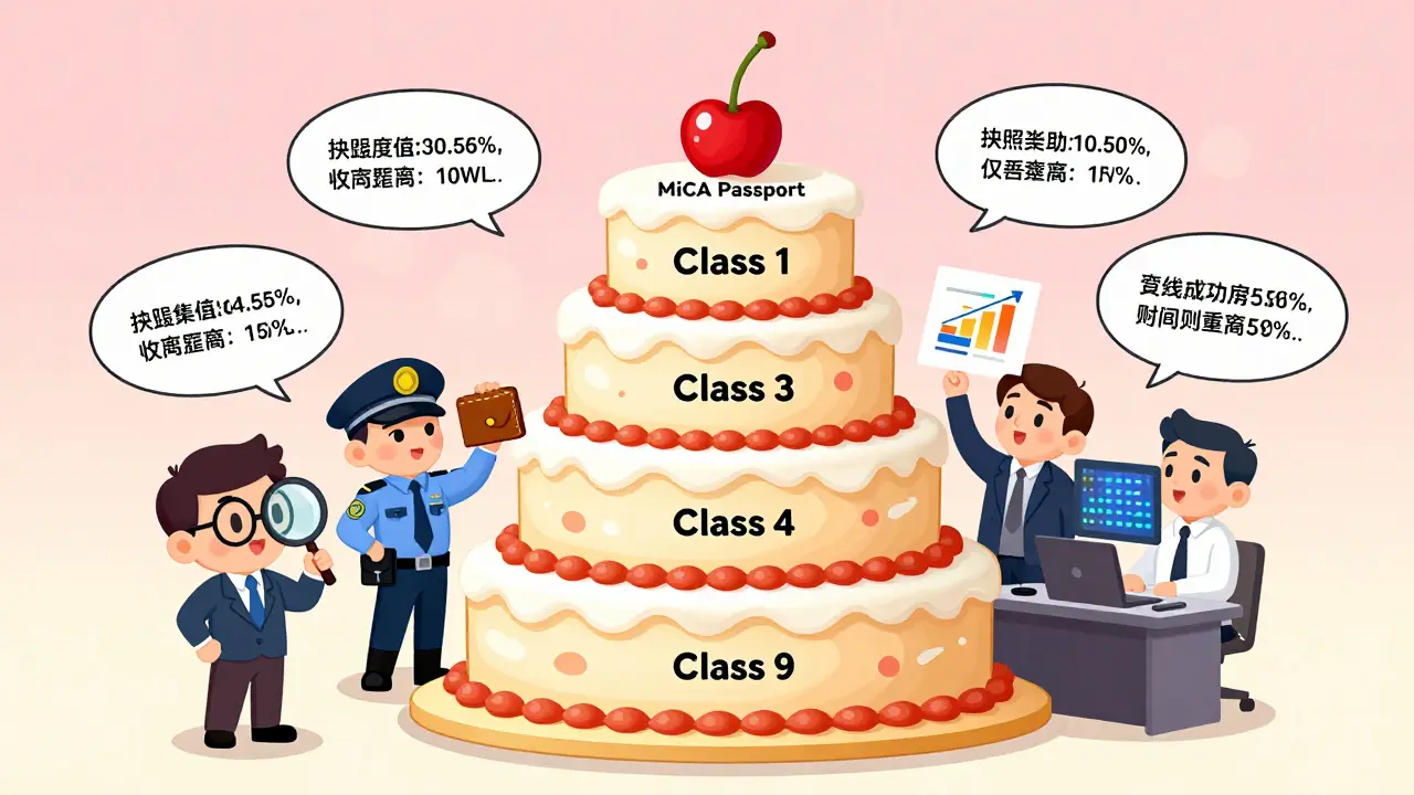 Four-layer license cake labeled Class 1 to Class 4 with MiCA passport cherry on top.