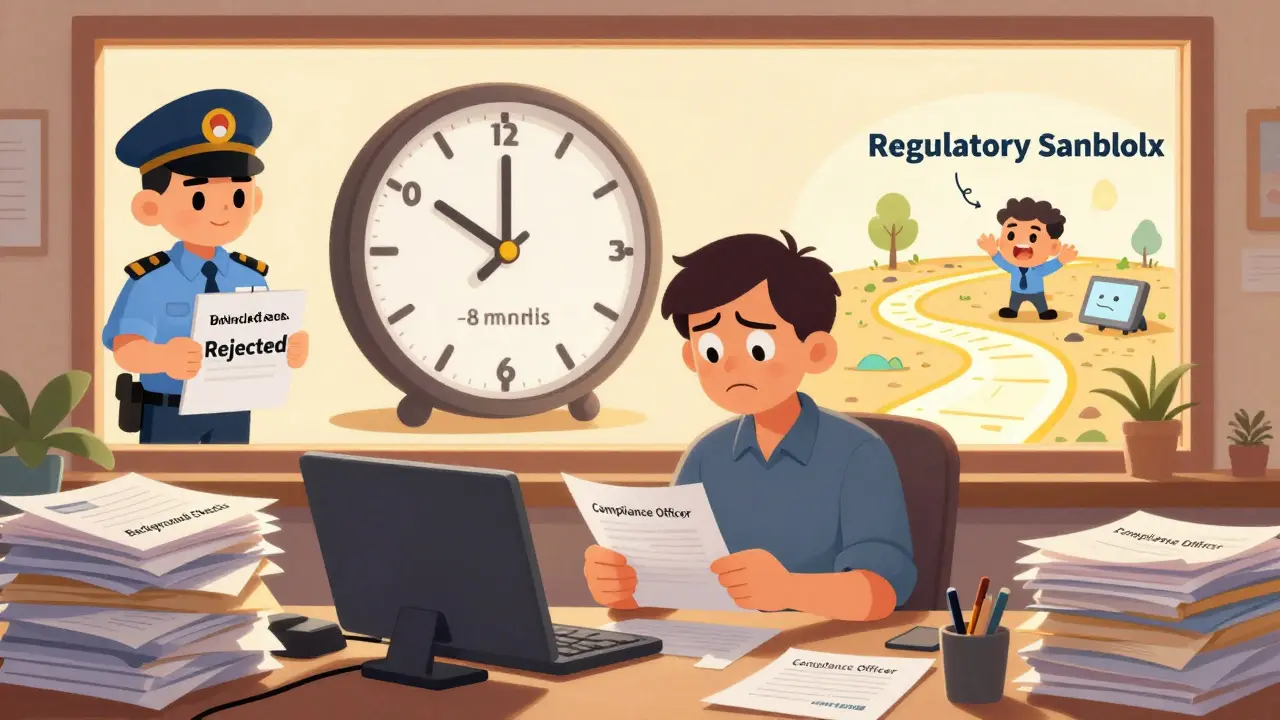Frustrated founder surrounded by paperwork and a ticking clock, with a regulatory sandbox in the background.
