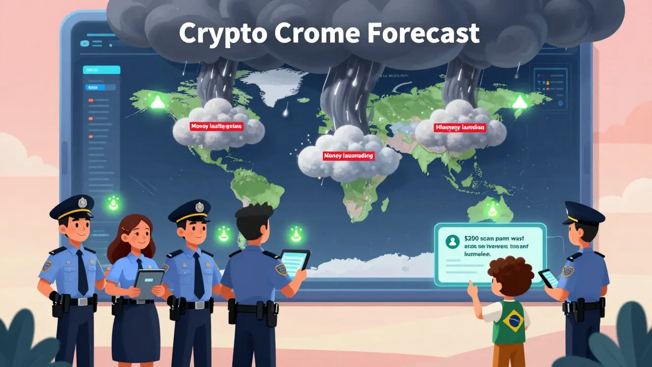 Futuristic AI weather dashboard predicts crypto crime storms, with officers receiving automated recovery alerts worldwide.