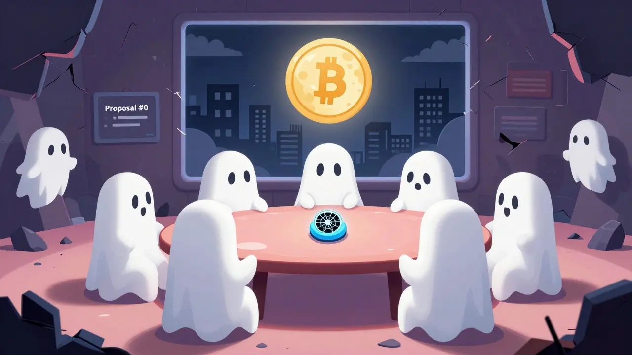 Ghostly DAO meeting with empty avatars and a single glowing voting button.
