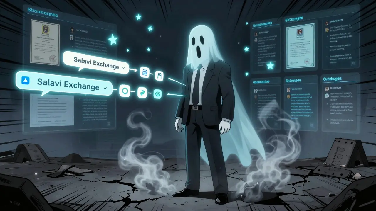 Ghostly figure of Salavi Exchange vanishing into smoke, leaving behind disappearing apps and empty promises.