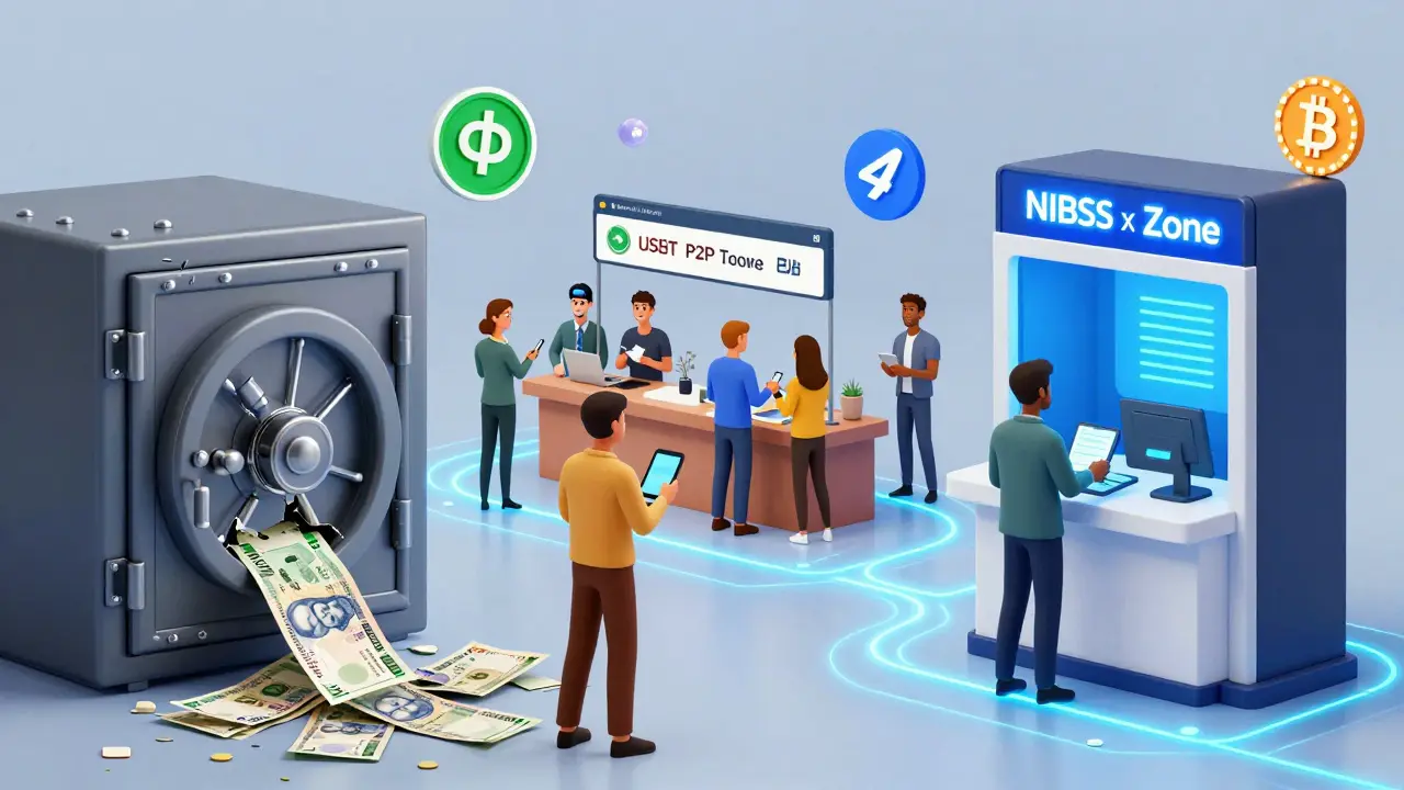 Nigeria’s financial evolution: broken bank, busy crypto trade, and modern blockchain kiosk.