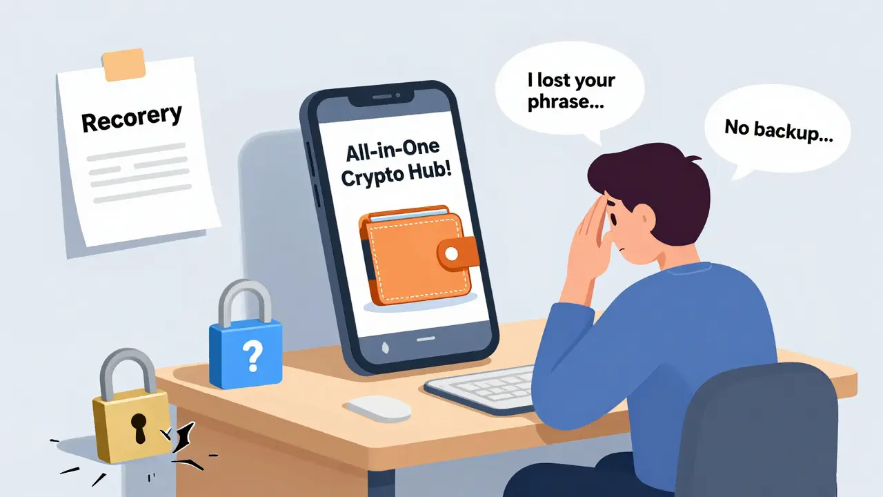 Person with phone and laptop surrounded by recovery phrase and missing 2FA icons