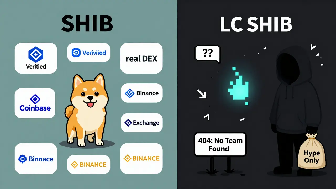 Shiba Inu's verified ecosystem vs. LC SHIB's empty, glitching token with no team or infrastructure.