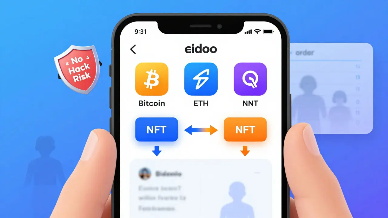 Smartphone screen showing Eidoo app with direct wallet trades and hidden order book