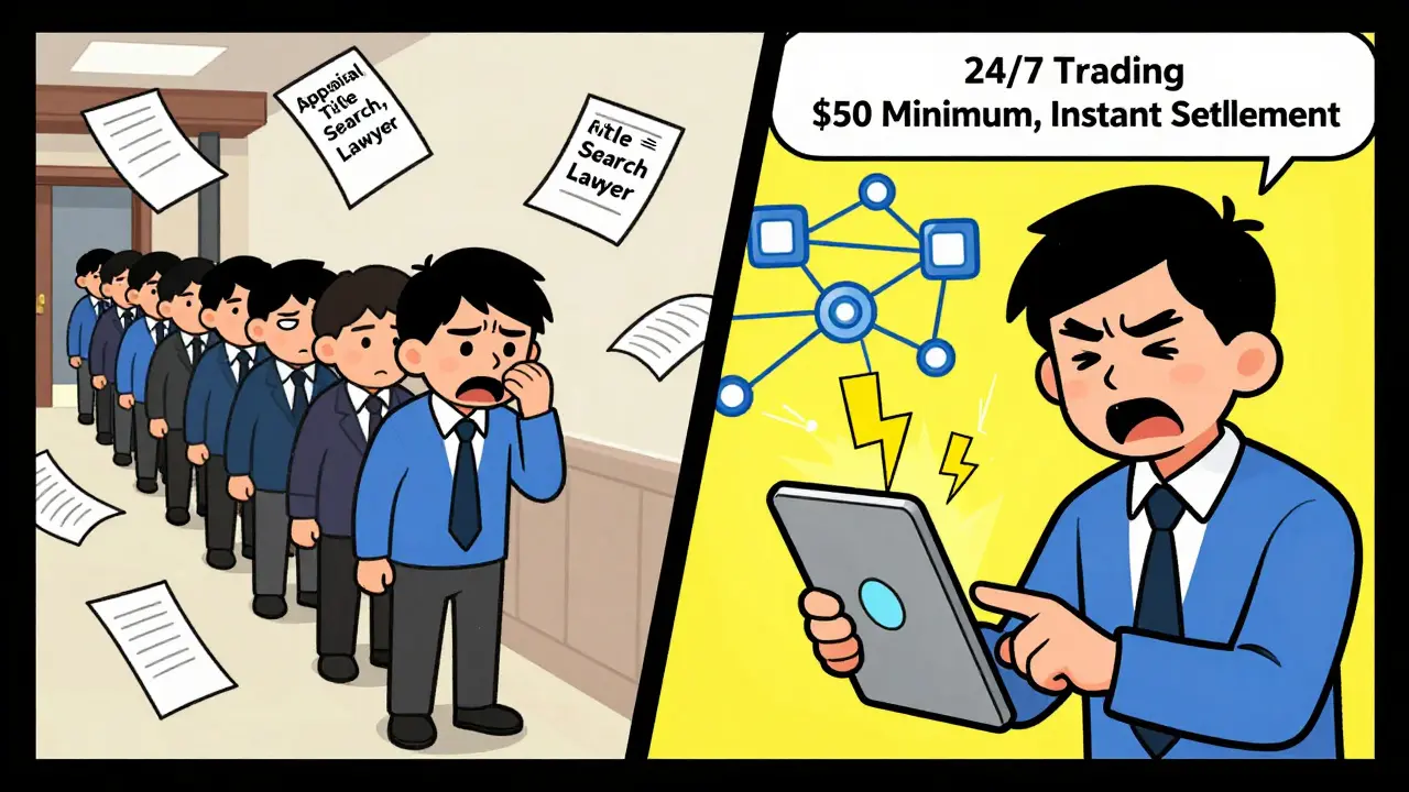 Split cartoon scene: chaotic traditional real estate process vs. quick digital token sale with lightning-fast settlement.