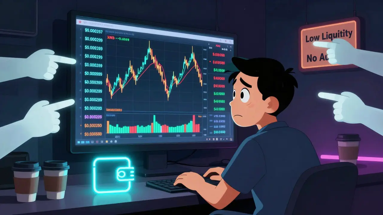 Trader staring at flickering XMS price charts in a dark room with warning signs.