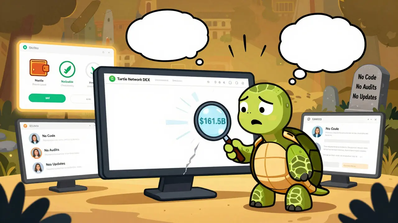 A confused trader examines a blank website with a fake 1.5B volume spinning like a slot machine.