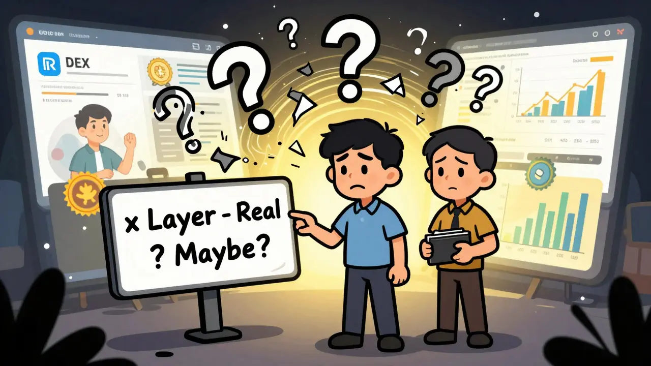 A confused user faces a mysterious 'x Layer' sign surrounded by question marks, while trusted DEXs shine safely behind.
