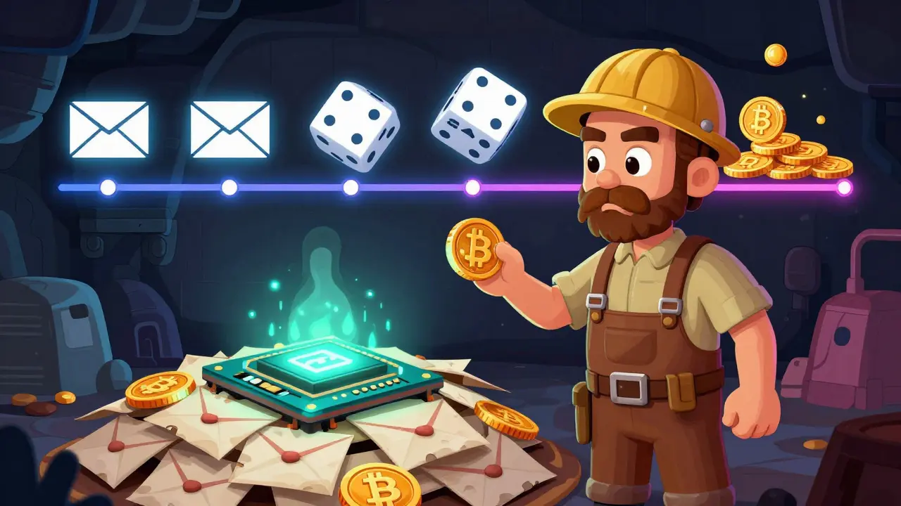 A miner holding a Hashcash token as it transforms into Bitcoin blocks along a timeline.