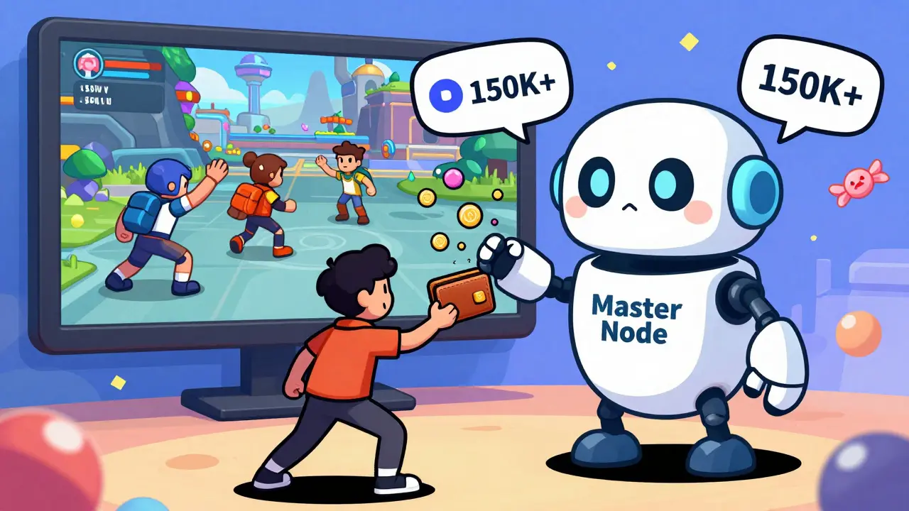 A player connects their wallet to a friendly robot that dispenses ULL tokens while playing a sci-fi RPG.