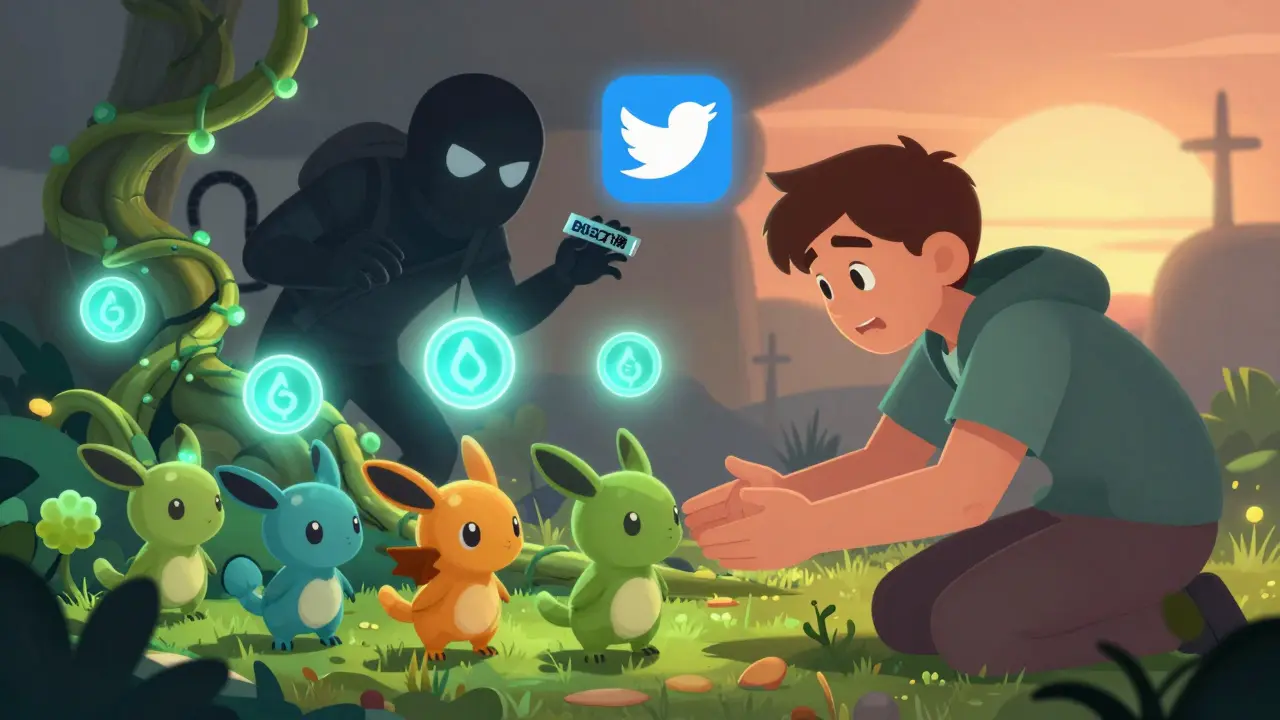 A player nurtures Starchi creatures in a digital garden as a scammer sneaks in, with verified badges glowing safely in the background.