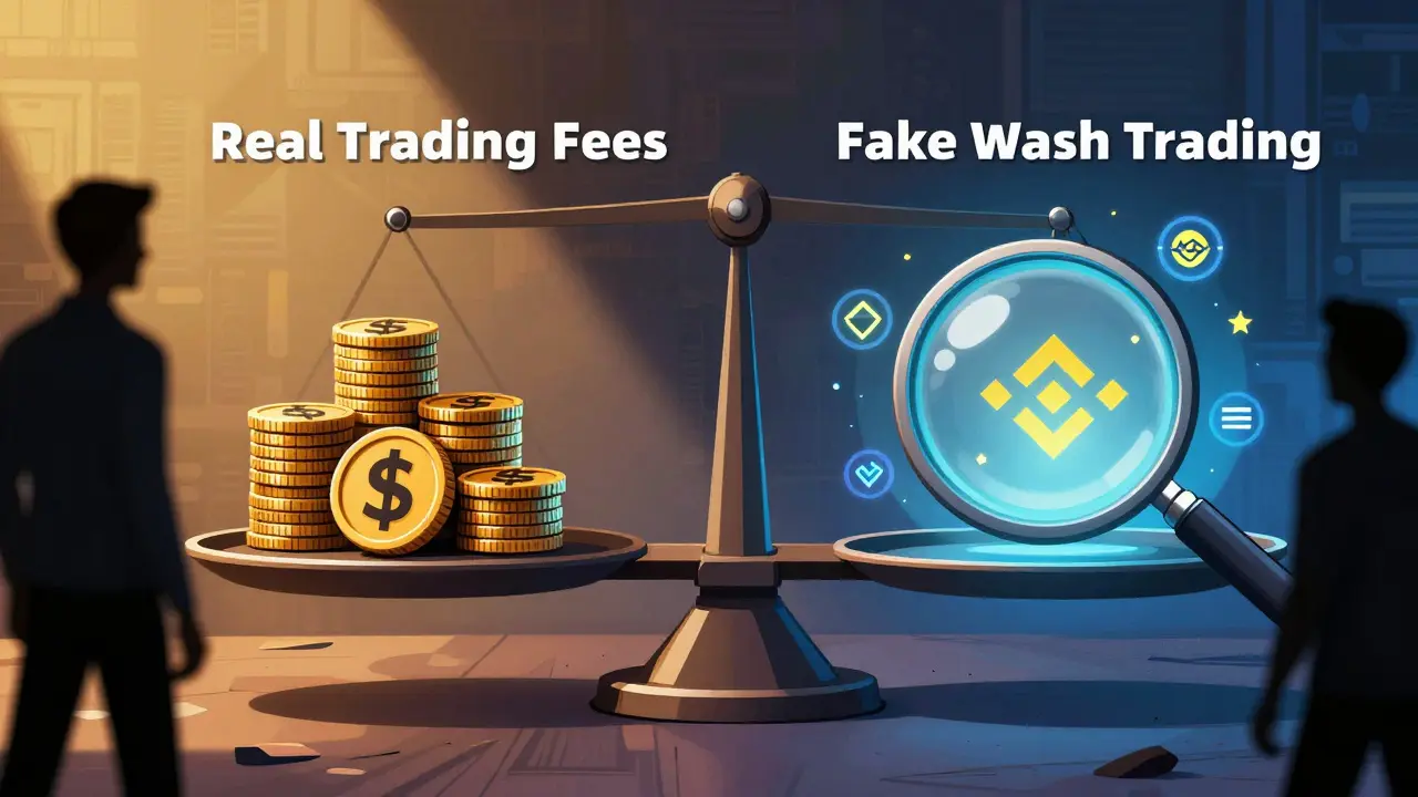 A scale comparing real trading fees to fake wash trading, with blockchain verification glowing brightly.