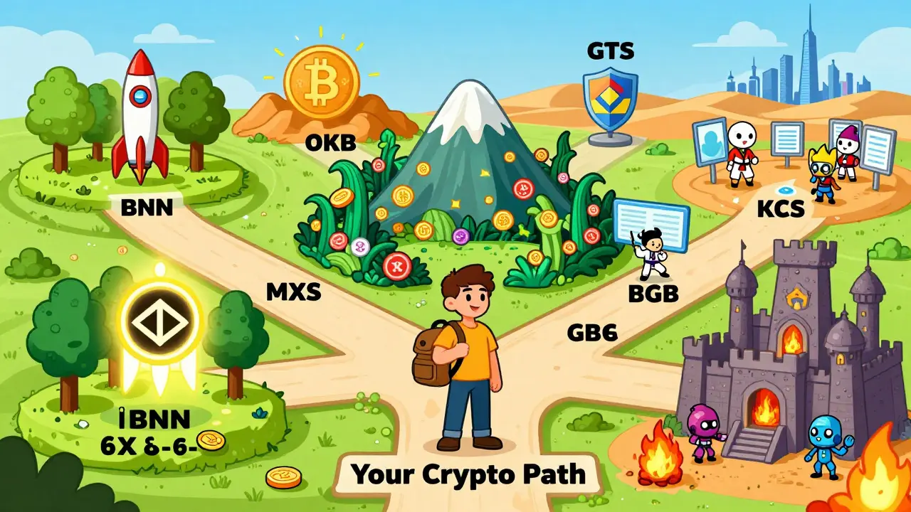 A user choosing between six cartoon paths representing different exchange token ecosystems