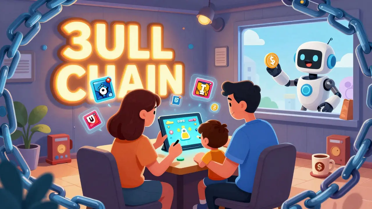An Australian family designs a Web3 game surrounded by floating NFTs and a glowing blockchain chain.
