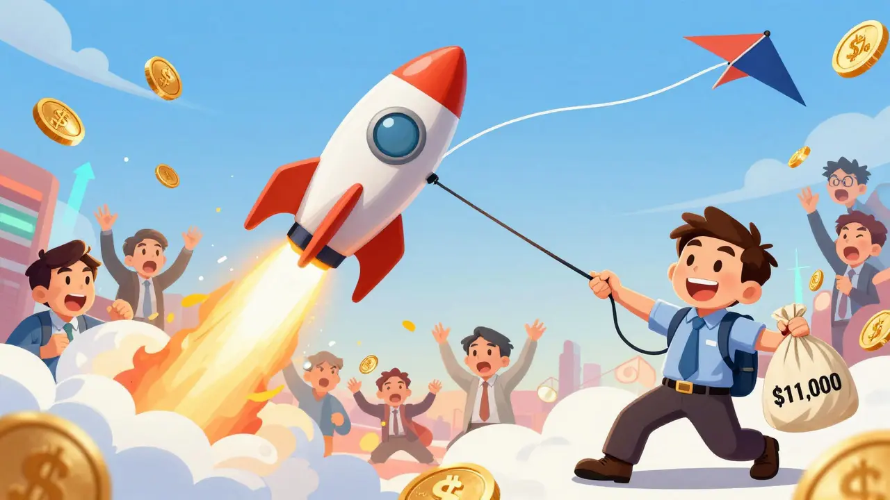 Bitcoin rocket soars with trailing stop leash pulling trader to safety.