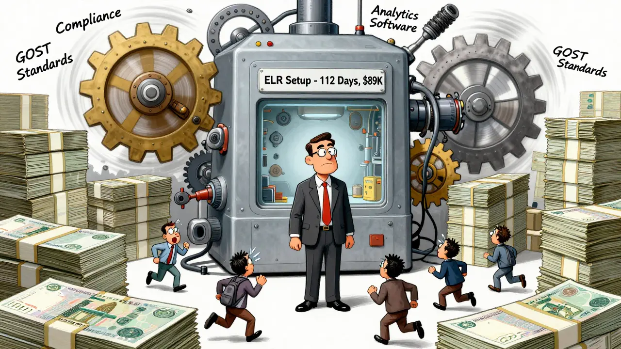 Businessman overwhelmed by complex, expensive ELR compliance machine.