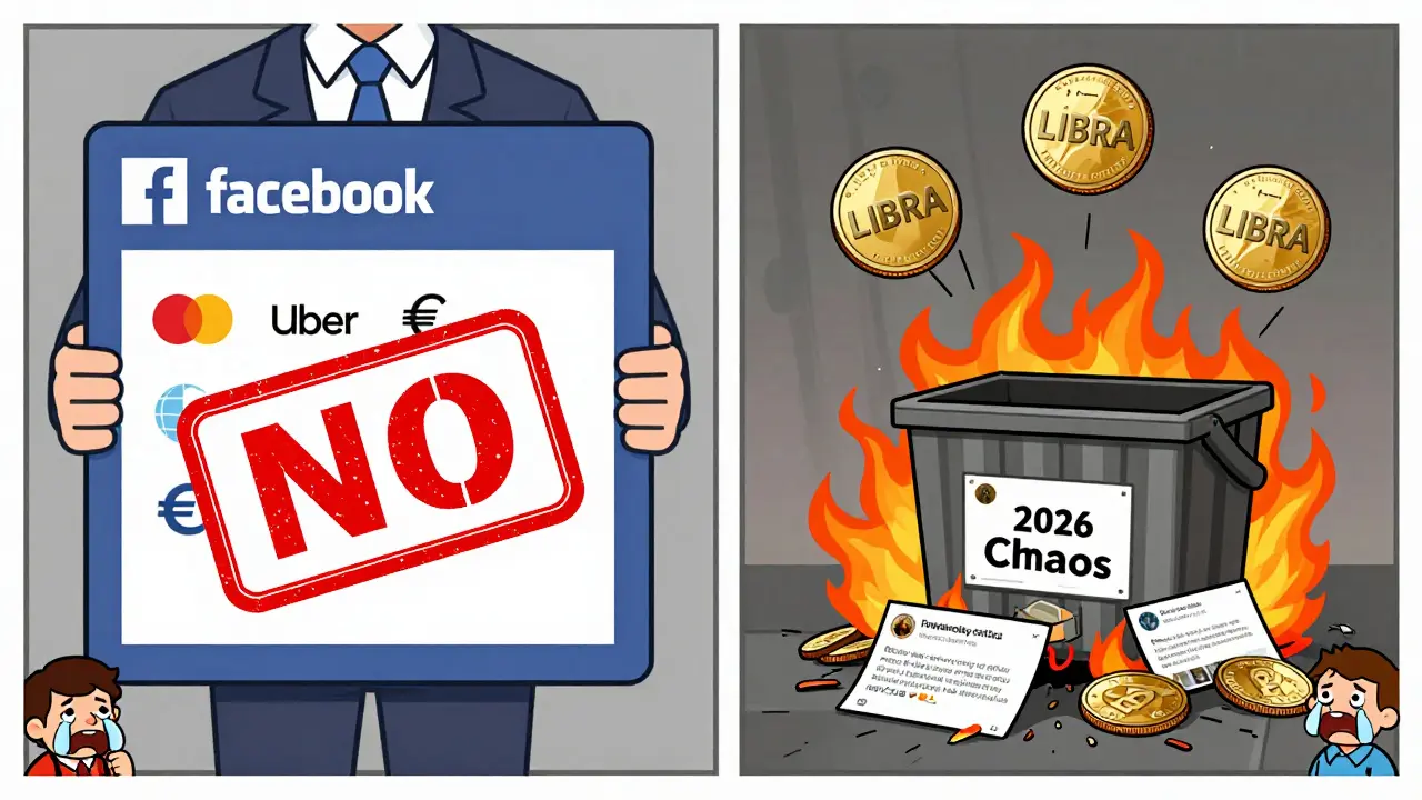 Cartoon comparison of Facebook's Diem and Argentina's LIBRA memecoin, one shut down, the other collapsing