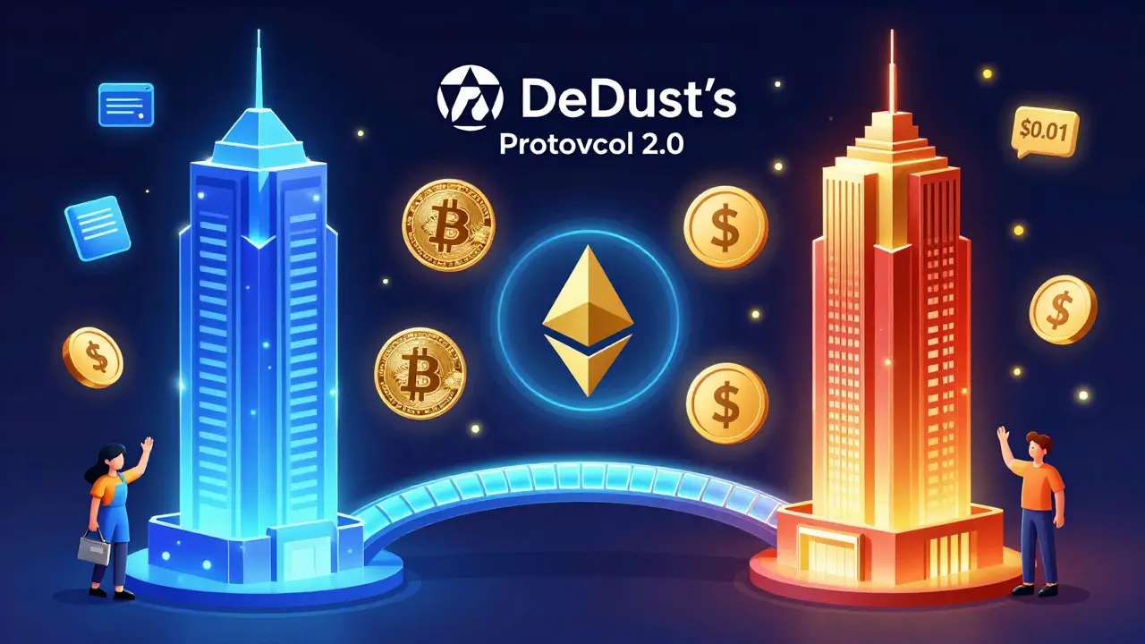 Cartoon cross-chain bridge linking TON and Ethereum with tokens flowing safely through a glowing tunnel.