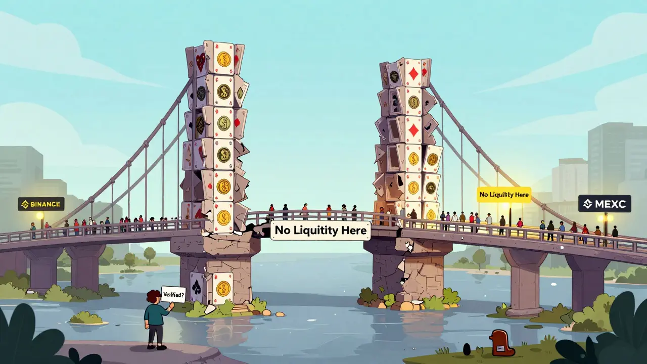 Cartoon of a crumbling trading bridge to nowhere, with a confused user and solid competitor bridges in the distance.